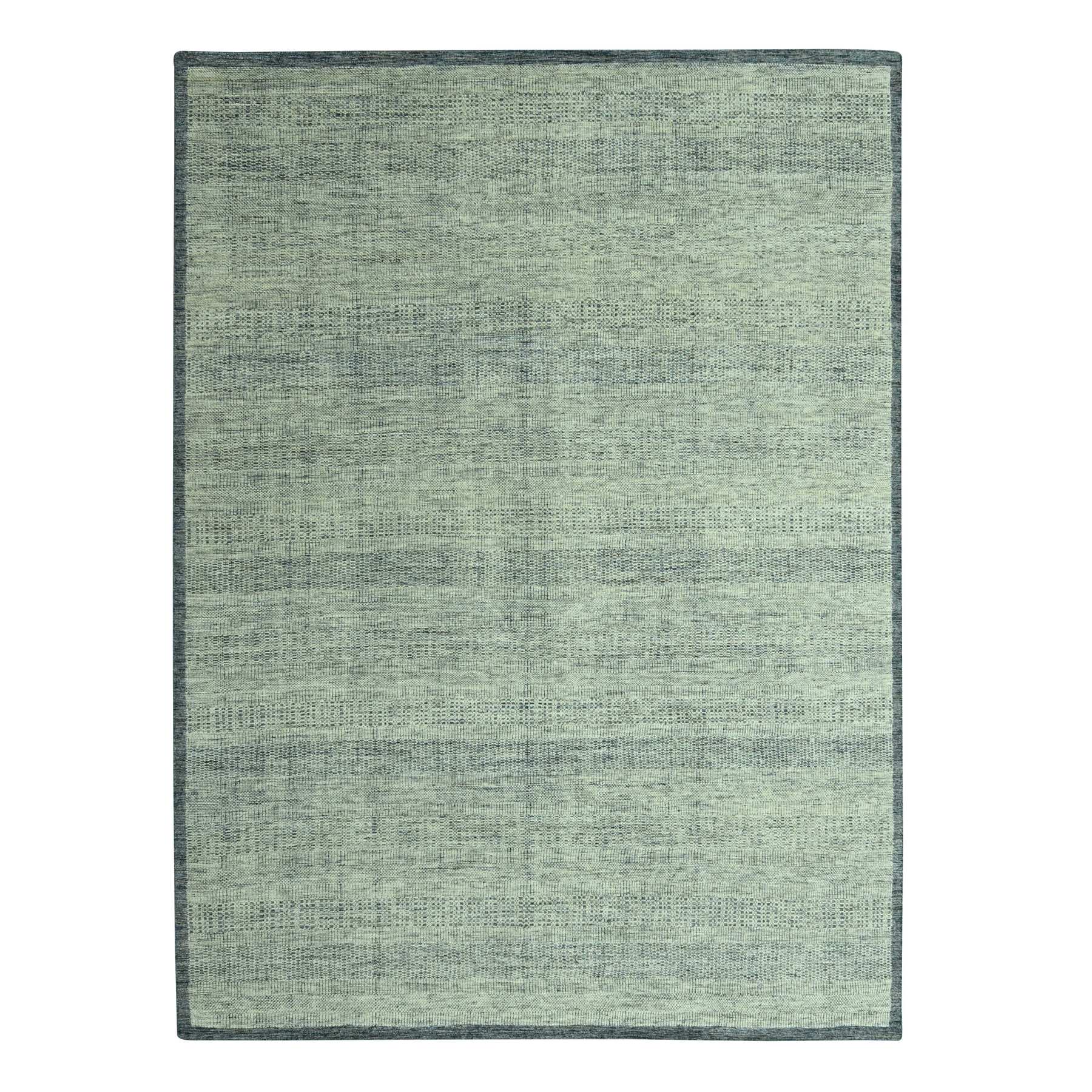 Navy Blue with Ivory, 100% Wool, Oxidized and Distressed Grass Design with Exposed Warps, Hand Knotted, Oriental Rug